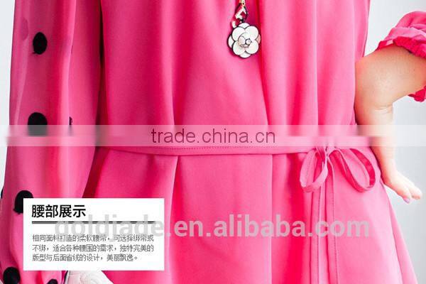 OEM lady sexy loose rose red and black chiffon dot round collar long petal sleeve blouse