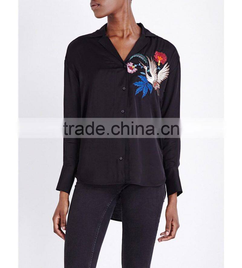 Wholesale Women Black Long Sleeves Hoxton Bird Embroidered Satin Shirt(DQE0108T)