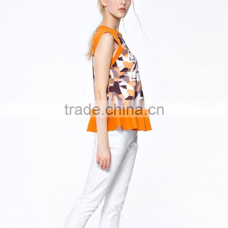 Promotional Top Quality knitted wear popular printed ruffle hem model women's simple blouse with sleevless