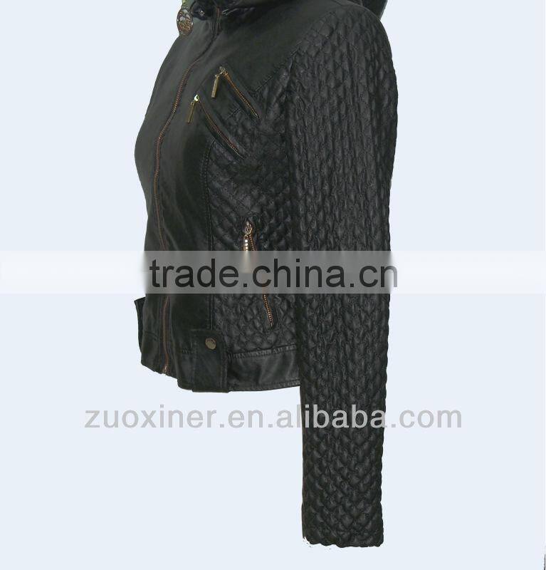 Biker PU leather jacket with hood for lady|faux leather jacket for women