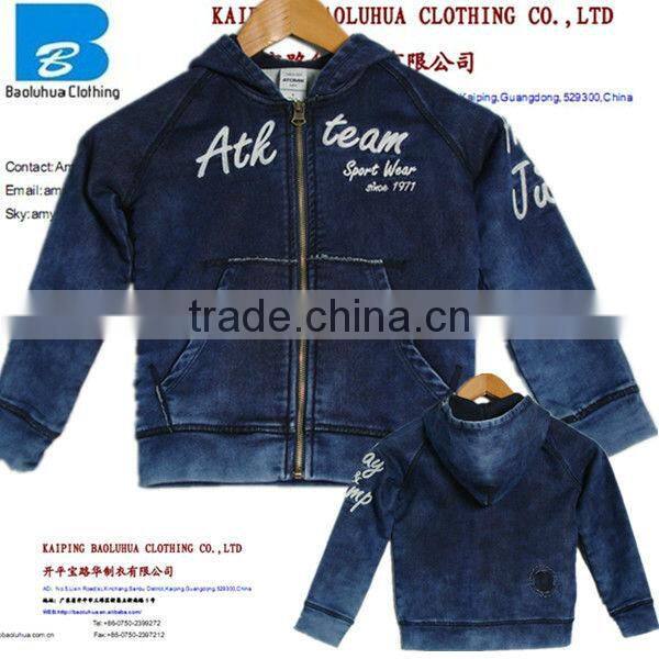 high quality wholesale dark blue kids denim jackets with hoody
