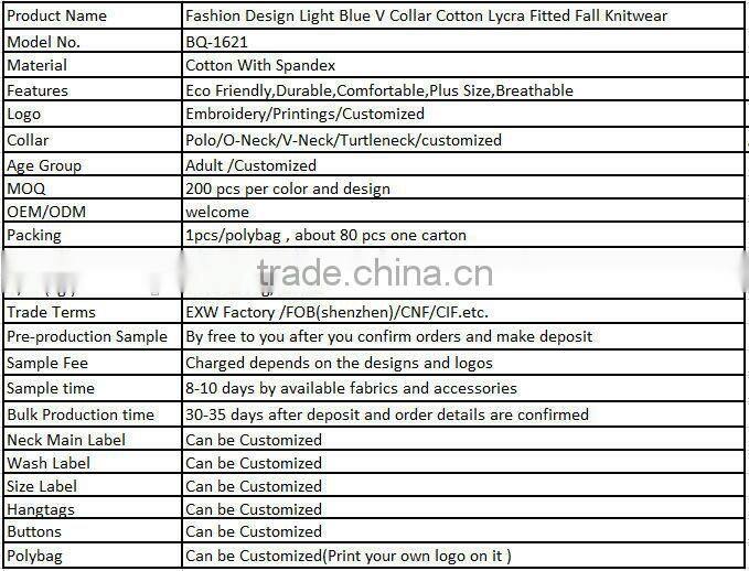 Fashion Design Light Blue V Collar Cotton Lycra Fitted Fall Knitwear