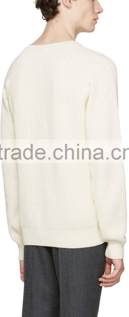 Crew Neck Long Raglan Sleeve Ribbed Cotton Jersey Sweater in Off White for Men