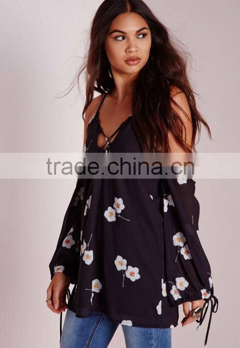 New summer collection wholesale floral printing high quality chiffon style blouse