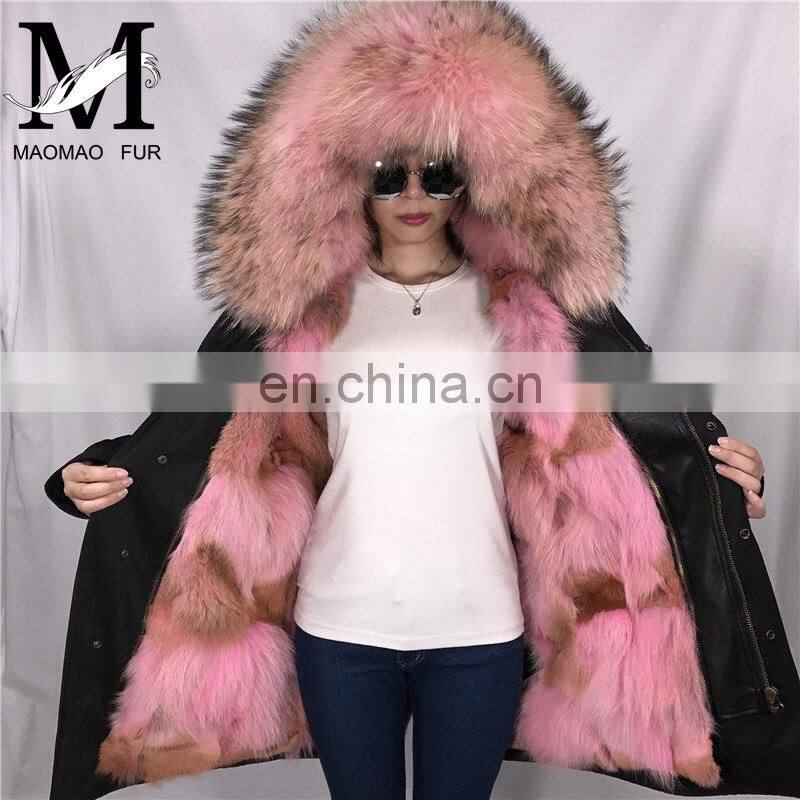High Quality Short Military Woman Real Fur Parka Genuine Raccoon Fur Hood with Mink Fur Lining Coat