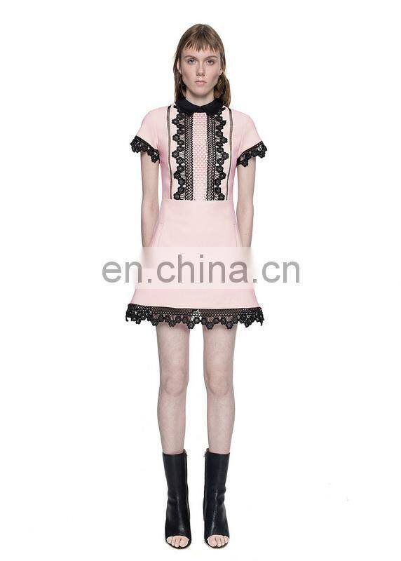Short Pink elegant dress with black lace for young lady dresses