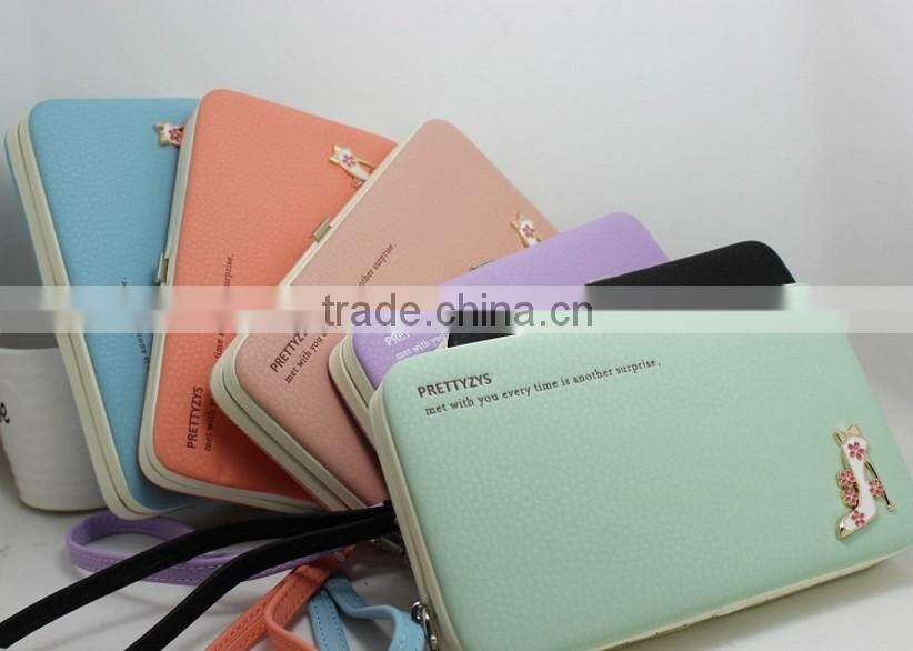 carteira feminina 2015 famous brand wallet high quality PU leather girl cluth Double Zipper purse Decorated with high heeled