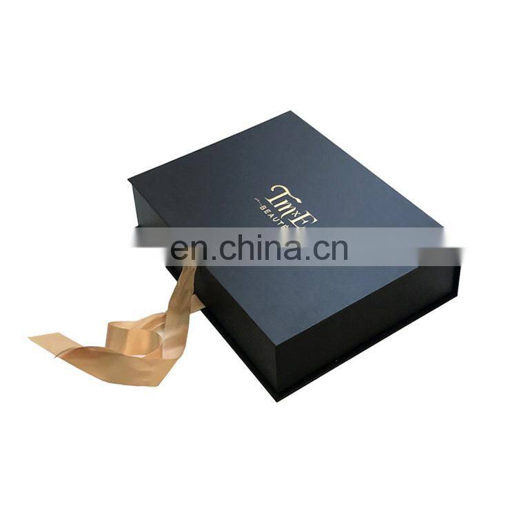 Factory Price Case High Quality Custom Logo Book Style Box Black Rigid Paper Cardboard Hair Gift Packaging Boxes With Ribbon
