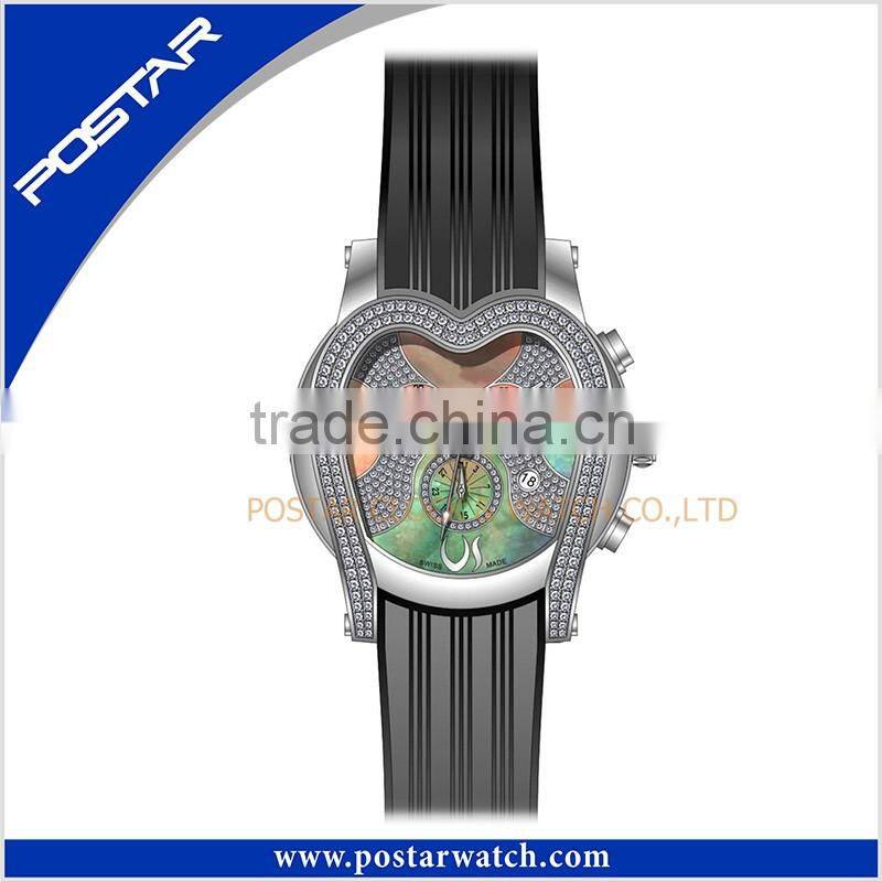 Heart-Shaped High Quality 3 Sub-Dial Stainless Steel Watch with Silicone Strap