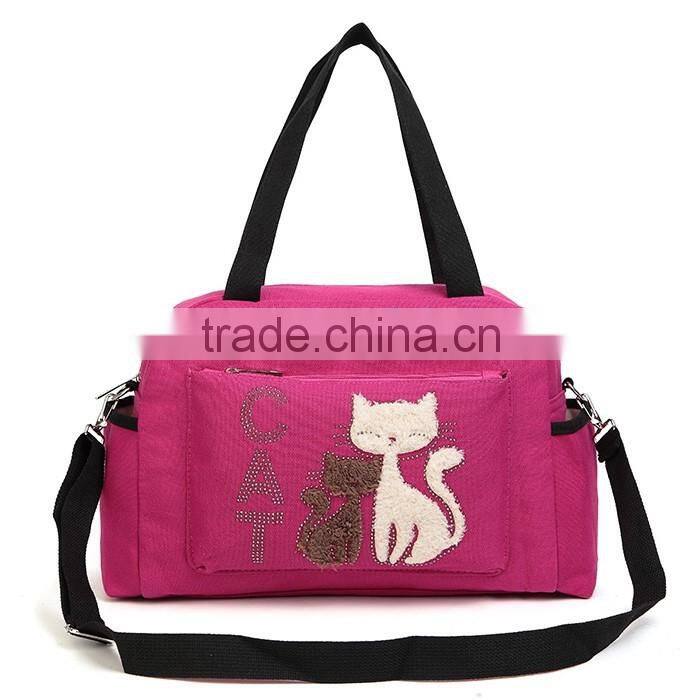 2016 Women Handbags Solid Color Canvas Bag Fashion Ladies Shoulder Bag With Cute Cat Appliques Portable Big Capacity Casual Tote