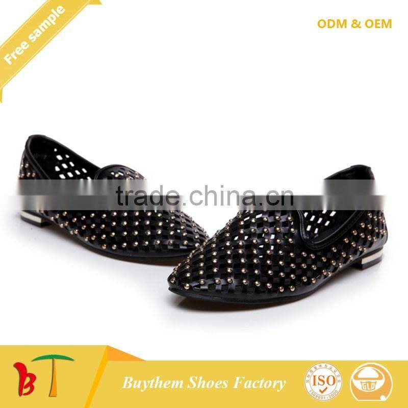 Genuine Leather Casual Cut-Outs Pointed Toe Shoes with Rivets for Ladies