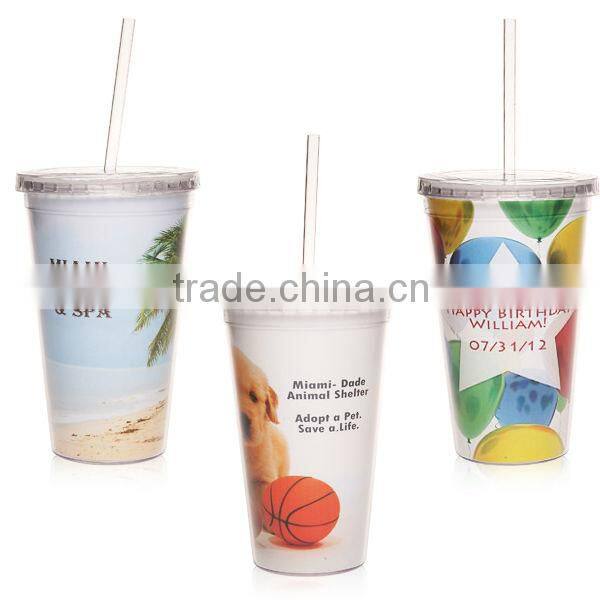 450ml/16oz BPA free plastic double wall tumbler with straw