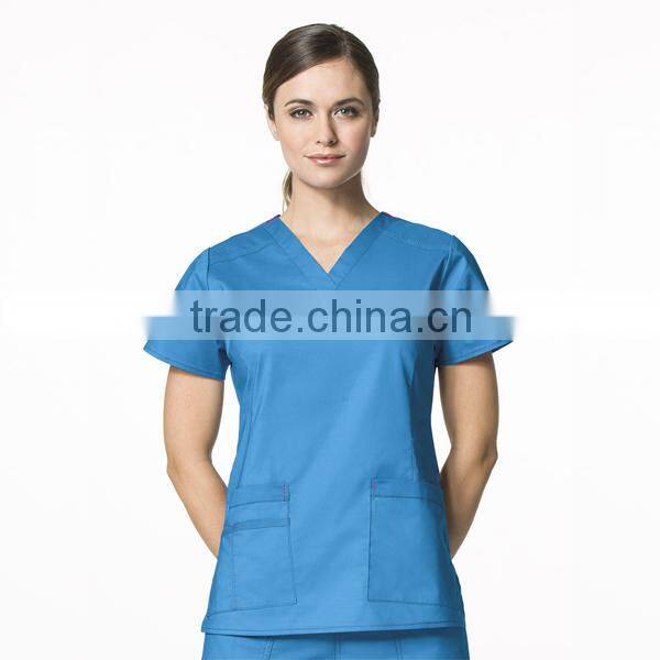Blue Medical Nurses Scrub Suit Uniform Ladies V-neck Top Clothing