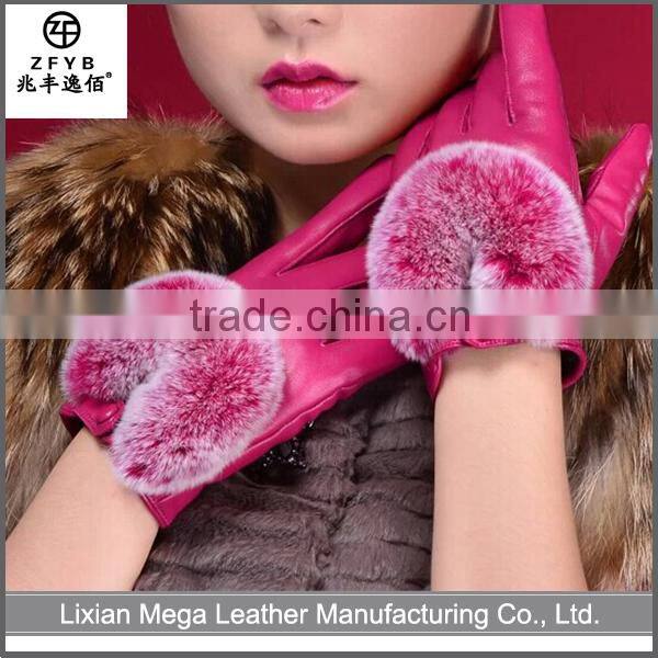 Good Quality New ladies short hot pink leather gloves with rabbit fur cuff