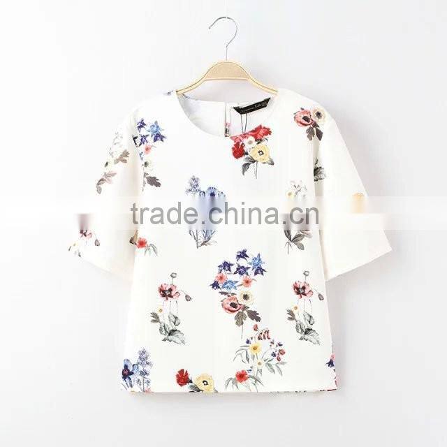 women clothing with flower round collar short sleeve shirt for women of digital printing fabric