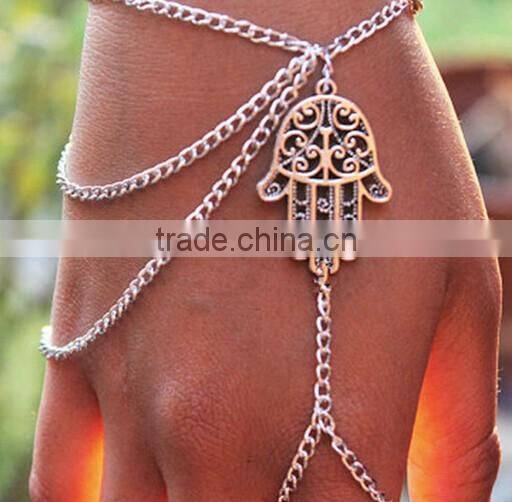 Unique Harness Slave Chain Buddha's-hand Link Finger Ring Bracelet Bangle Tassel