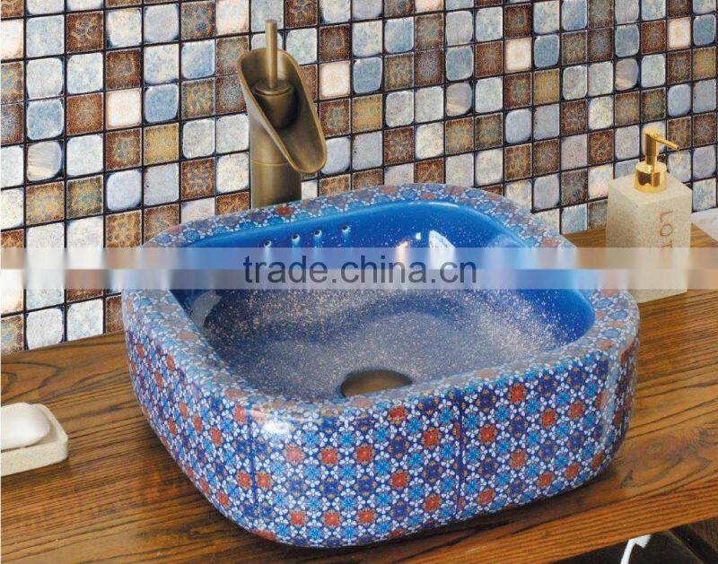 Handpainted ceramic art basin colorful countertop round sink porcelain flower edge bowl vanity top GD-F06