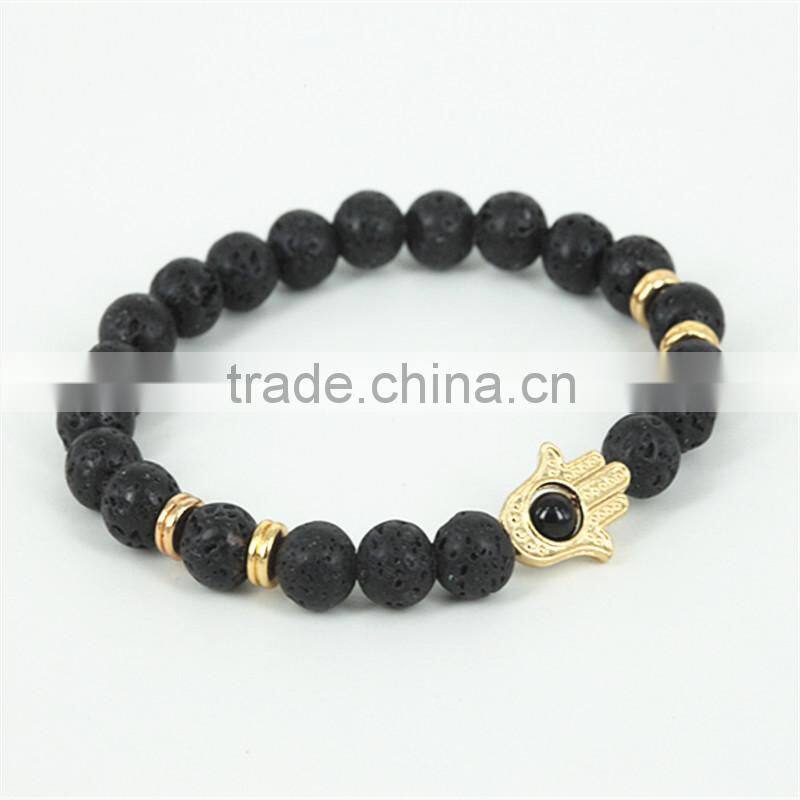 KJL-0100 New Design Black Natural Stone Lava Energy Beads Bracelet Black Agate Hamsa Bracelet For Uniex