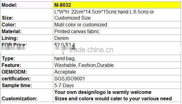 Wholesale Custom Popular Printed Canvas Hand Bag for lady