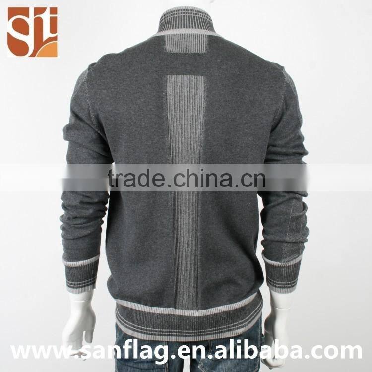 New style men high neck long sleeve cardigan with zipper stripe grey knitted sweater from dongguan sanflag