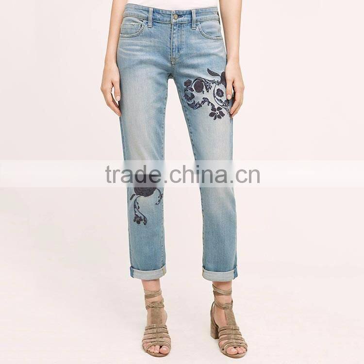 Apparel woman casual mid rise light blue washed embroidered girls jeans