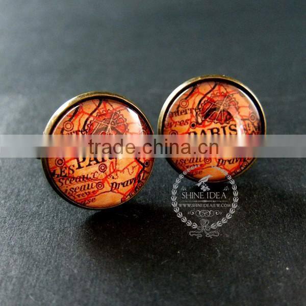 20mm vintage style antiqued bronze Paris old map art collage glass cabochon round cufflinks fashion wedding cuff links 6600036