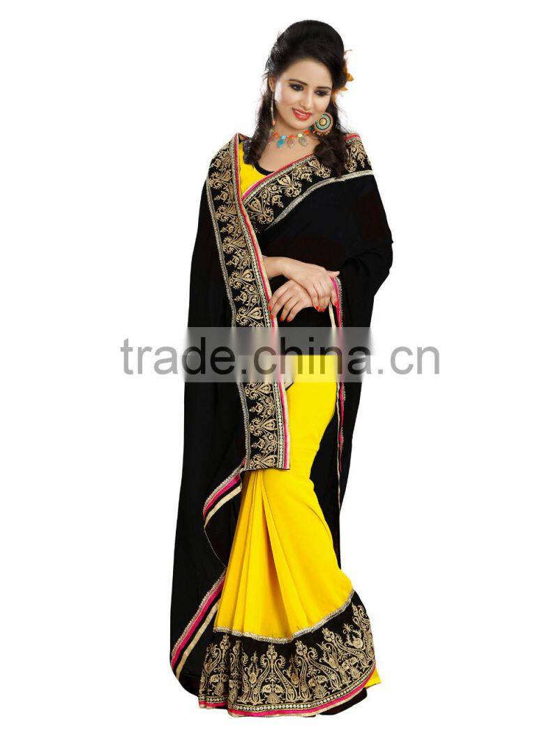 New Black and yellow color weightless embroidery sarees