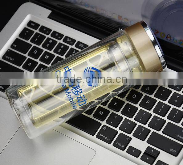 2016 new design double wall glass bottles tea infuser water bottle with PP lid