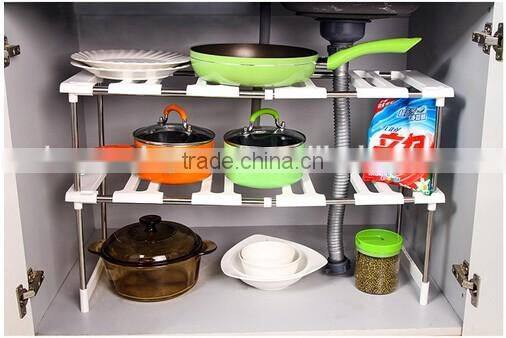 Kitchen telescopic plastic sink storage shelf rack/stainless steel kitchen storage rack