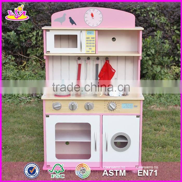 2017 New design kids pretend play pink wooden kitchen toy W10C238