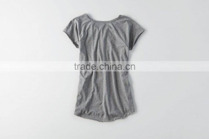 Tagless comfort lace up raglan scoop bottom women t shirt with distressed