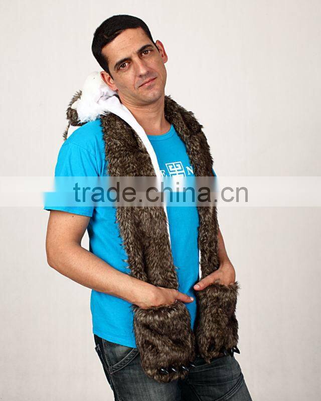 PLUSH ANIMAL HOODED SCARF FAUX FUR WOLF HEAD HAT