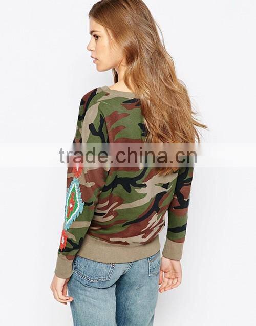 100% cotton embroidered sleeve camo sweatshirts for ladies