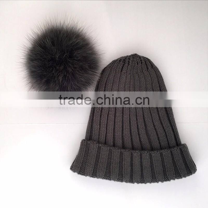 Myfur Dark Grey Knitting Hat for Adults With Real Fox Fur Pompom