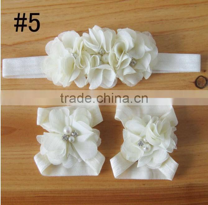 Hot 2014 fashion popular children's hand stitching Chiffon Rhinestone Flower Hair Band foot flower set and baby wrist flower