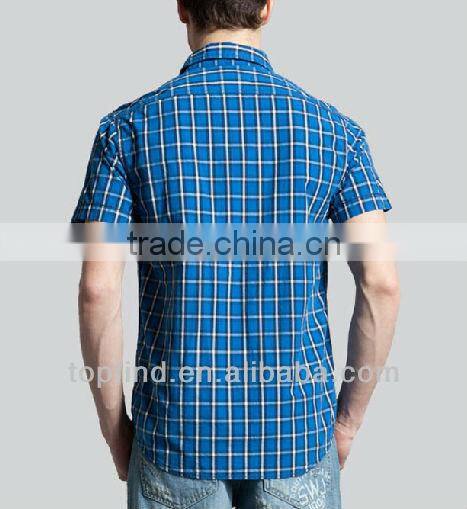 Short Sleeve Cotton Plaids Double Pockets Men Shirts