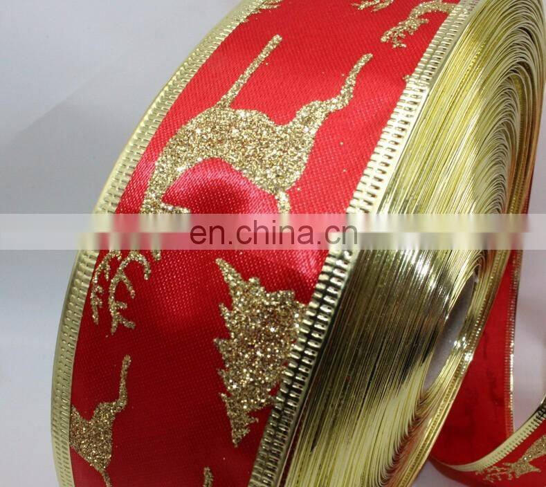 Red Ribbon With Glitter Deer And Tree Printed Grosgrain and Satin Ribbon Christmas Decoration DIY Handmade Materials