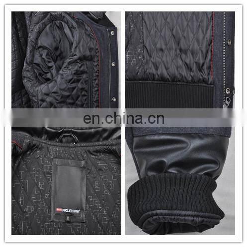 2015 last fashion quilted movable hood baseball jacket leather sleeves