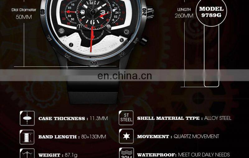 SINOBI Masculine Big Dial Wristwatch S9789G Silicone Band Black Chronograph Watch Multi Function Youth Men Watch