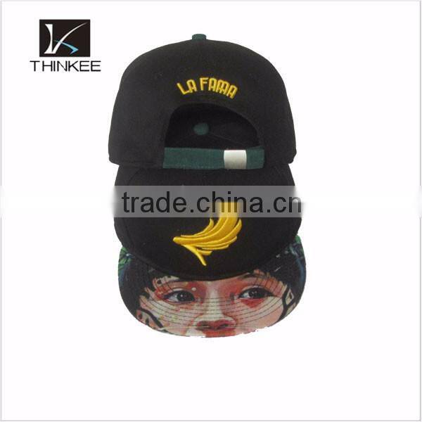 fashion custom 3d embroidery logo 5 panel snapback cap/hat with digital printed brim