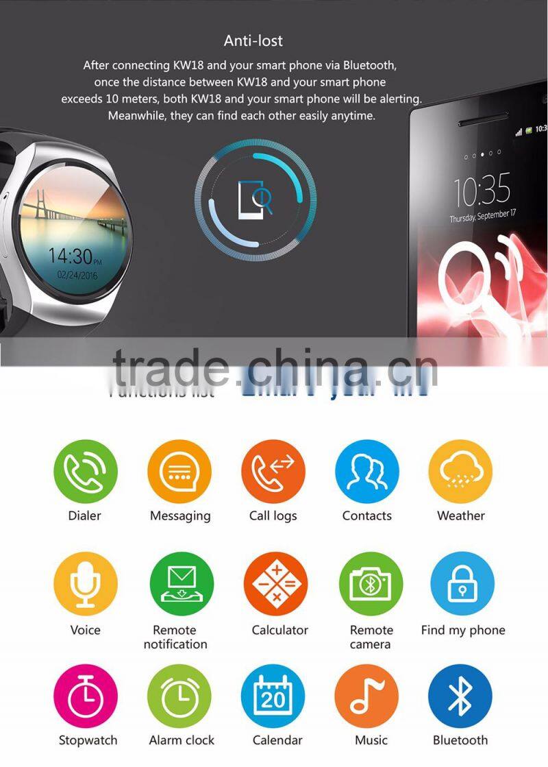 2016 hot product KW18 Smart Watch Smart Phone NFC SIM FOR IPHONE & SAMSUNG