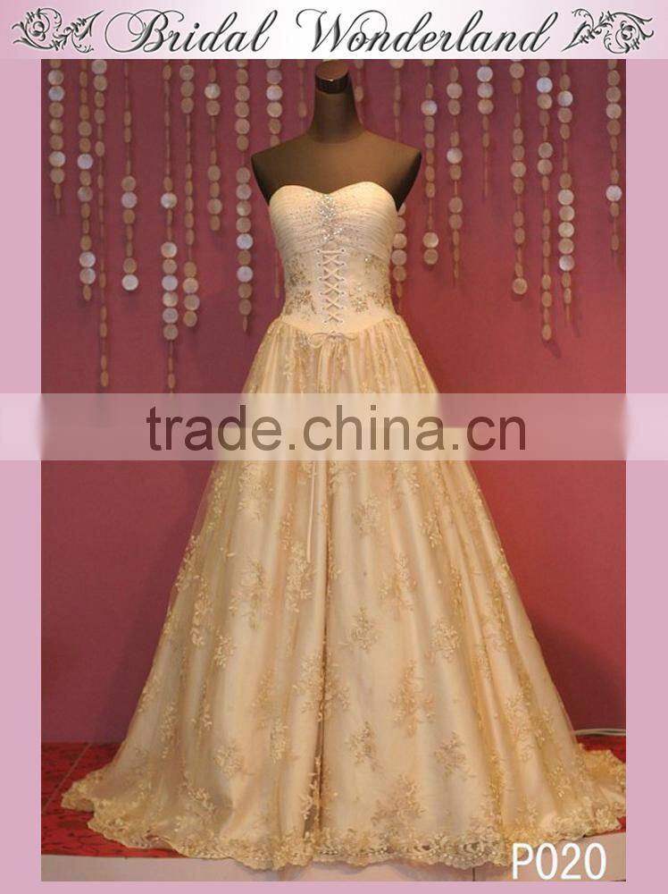 Long lace champagne color evening dress for wedding