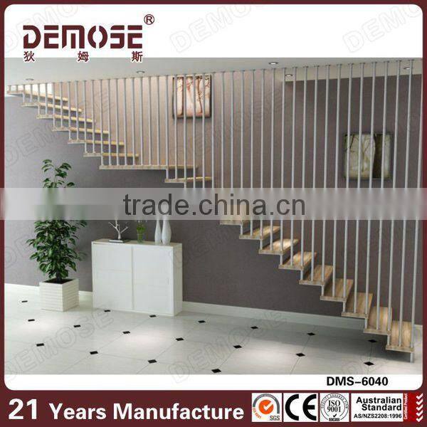 floating outdoor metal stair railing with wood treads