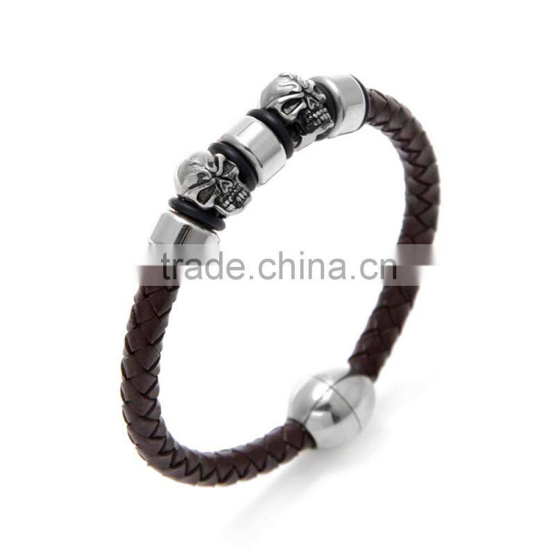 High Quality Brown Braided Leather Bracelace for Men Magnetic Clasp Leather bangle rope with skull
