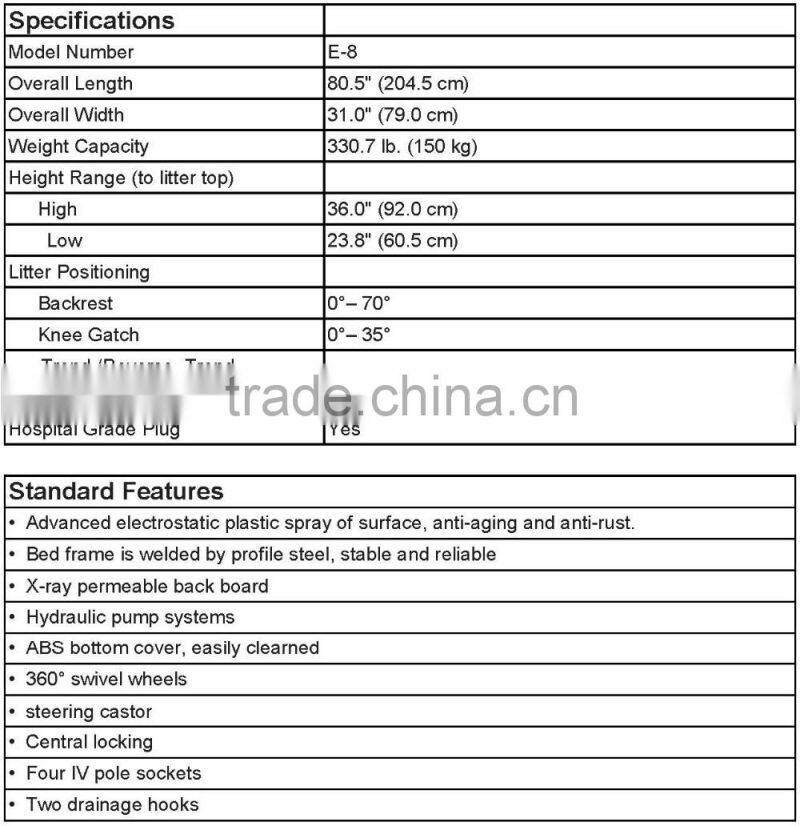 2016 E-8 muli-function hydraulic stretcher, medical stretcher, hospital stretcher