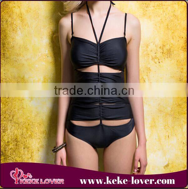 summer hot selling one piece swimwear 2015 latex black seersucker swimsuit new style sexy polyester brazilian bikini