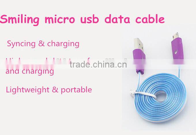 Mix Color Flashing Visible Luminous Smiling Face Micro USB Cable LED Glow Sync Data Charger Cables, Noodle Cables for Samsung
