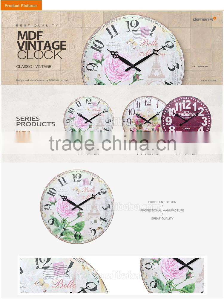 DEHENG mdf wall clock,vintage round clock, round rose art clock