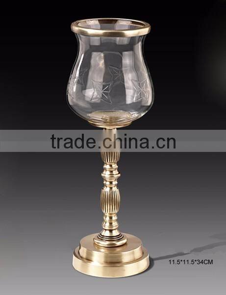 Antique Brass Candle Stick Holder, Hand Engraved Brass Mounted Crackle Glass Candle Holder For Tableware