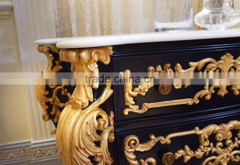 French Luxury Rococo Design Bedroom Furniture Nightstand Table / Golden Carved Wooden Commode Bedside Table